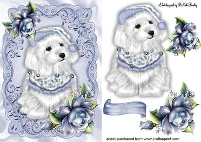 Lovely Westie in Blue on Ornate Frame with Blue Roses
