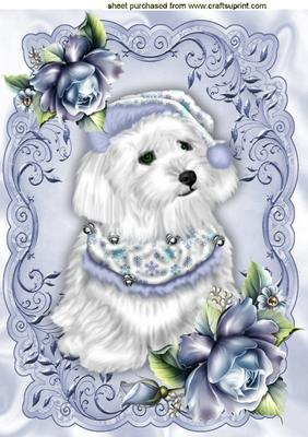 Lovely Westie in Blue Santa Hat with Blue Roses A4