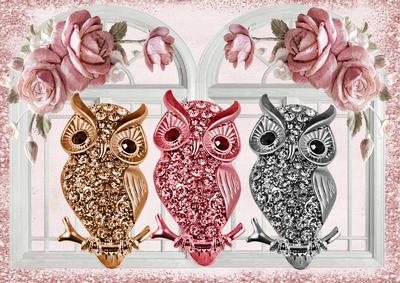 Diamond Owls on Branches with Pink Roses A4
