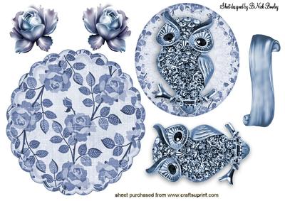 Blue Diamond Owl on Floral Rocker with Roses