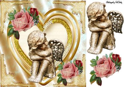 Little Stone Cherub on Gold Heart with Roses 8x8