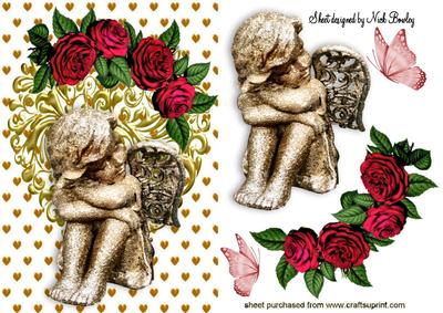 Little Stone Cherub with Red Roses and Butterflies