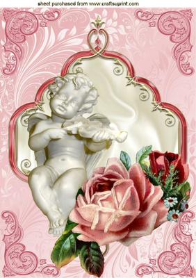 Cherub with Violin and Vintage Pink Roses A4