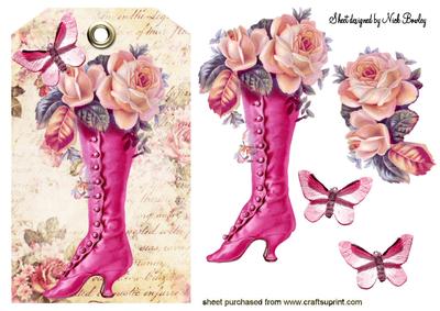 Vintage Boot with Peach Roses on a Tag