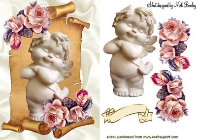 Cute Cuddly Cherub with Peach Roses on a Scroll