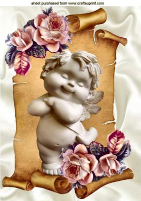 Cute Cuddly Cherub with Peach Roses on a Scroll A4