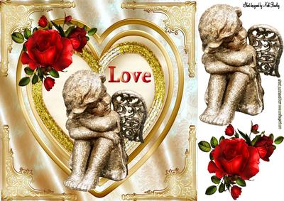 Gold Ornate Cherub with Gold Heart and Roses 8x8