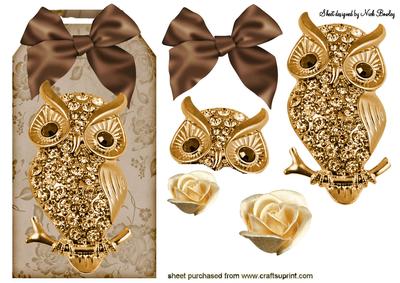 Gold Diamond Owl on Vintage Tag with Brown Bow
