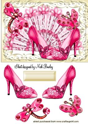 Pink Sparkle Shoes on Fan with Butterfly and Dragonfly