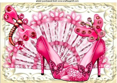 Pink Sparkle Shoes on Fan with Butterfly & Dragonfly A4