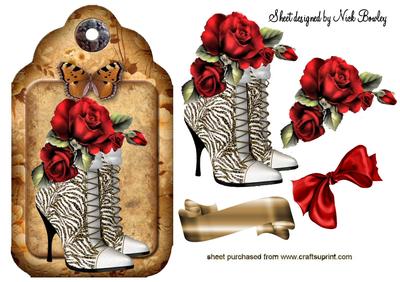 White Stripe Boots with Red Roses with Butterflies
