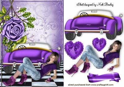 I Just Love My Purple Sports Car with Roses & Hearts