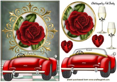 Red Sports Car, with Red Roses & Hearts