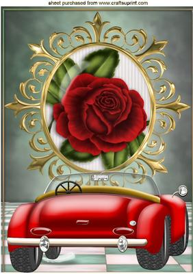 Red Sports Car, with Red Roses & Hearts A4
