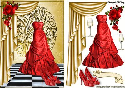 Red Gown with Gold Drapes and Red Roses