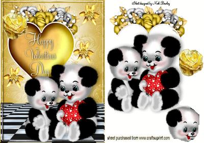 Valentine Panda Bears with Gold Heart and Roses