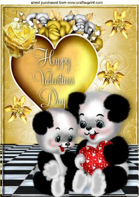Valentine Panda Bears with Gold Heart & Roses A4