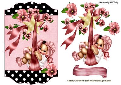 Cute Vintage Baby Girl in Bonnet on a Tag