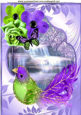 Pretty Fantasy Bird with Flowers and Waterfall A4