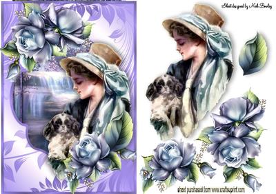 Vintage Lady with Puppy with Roses by the Falls