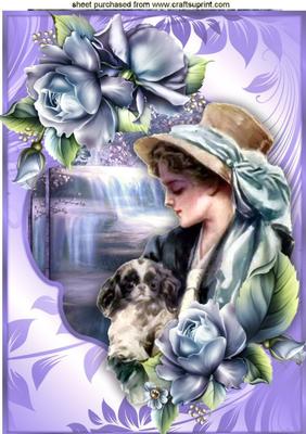 Vintage Lady with Puppy with Roses by the Falls A4