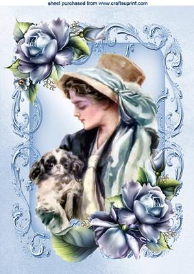 Vintage Lady in a Bonnet with Little Puppy A4