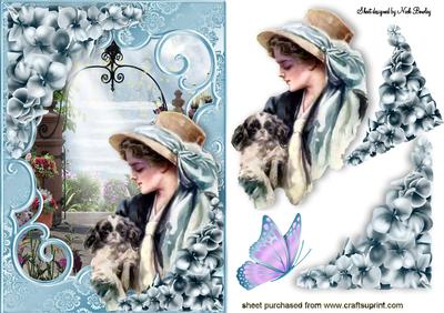 Vintage Lady with Puppy in a Flower Garden