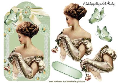 Vintage Lady on Floral Tag with Butterflies