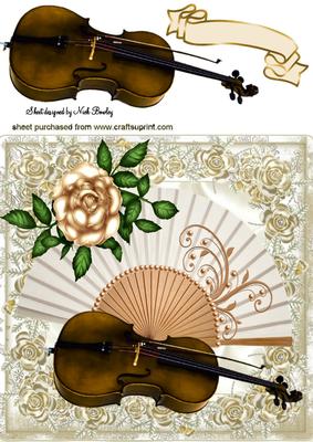 Lace Fan with Violin and Gold Rose 8x8