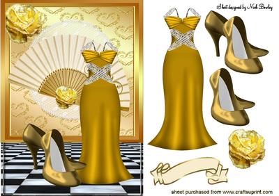 Gold Dress with Shoes on a Fan with Rose