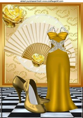 Gold Dress with Shoes on a Fan with Rose A4
