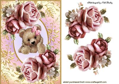 Cuddly Brown Teddy in Frame of Pink Roses