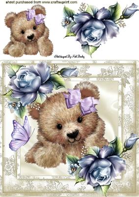 Cute Brown Bear in Floral Frame, & Blue Roses 8x8