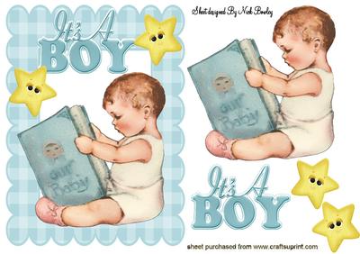 Vintage Baby Boy Reading a Book with Stars