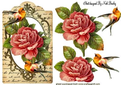 Red Flowers and Birds on Vintage Tag