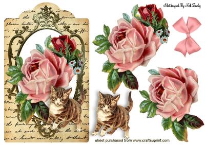 Pink Roses and Kitten on Vintage Tag