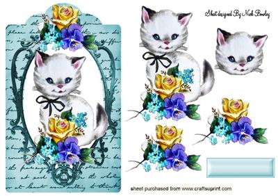 White Kitten with Flowers on a Vintage Tag