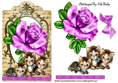Cute Kittens with Pink Rose on Vintage Tag