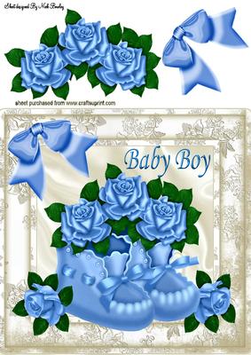 Baby Boy Bootees with Blue Roses in Floral Frame 8x8