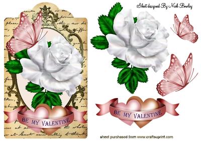 Be My Valentine White Rose, & Pink Butterflies on a Tag