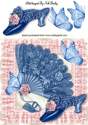 Blue Vintage Feather Fan with Rose Shoe 8x8