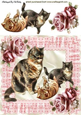 Kitties in Pink Ruffle Frame with Pink Roses 8x8