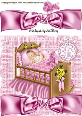 Sleeping Baby in a Crib with Her Teddy 8x8