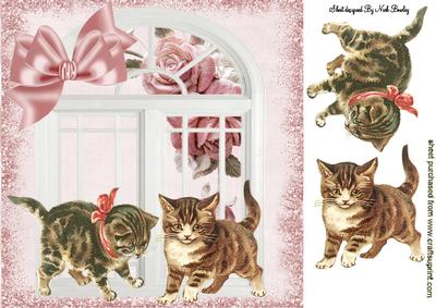 Tabby Kittens Playing in the Window with Rose 8x8