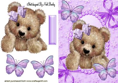 Cuddly Brown Bear with Purple Butterflies