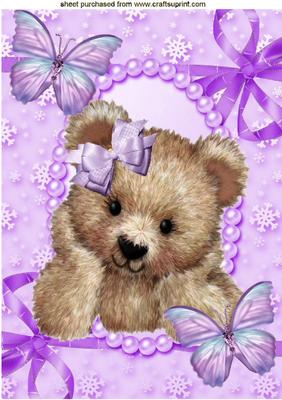 Cuddly Brown Bear with Purple Butterflies A4