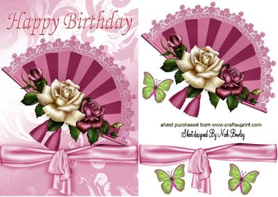 Pretty Fan with Pink Roses and Bow for Birthday