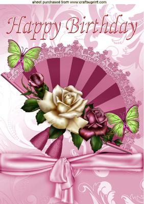 Pretty Fan with Pink Roses and Bow for Birthday A4