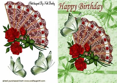 Lace Fan with Red Roses and Green Butterflies