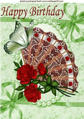 Lace Fan with Red Roses and Green Butterflies A4
